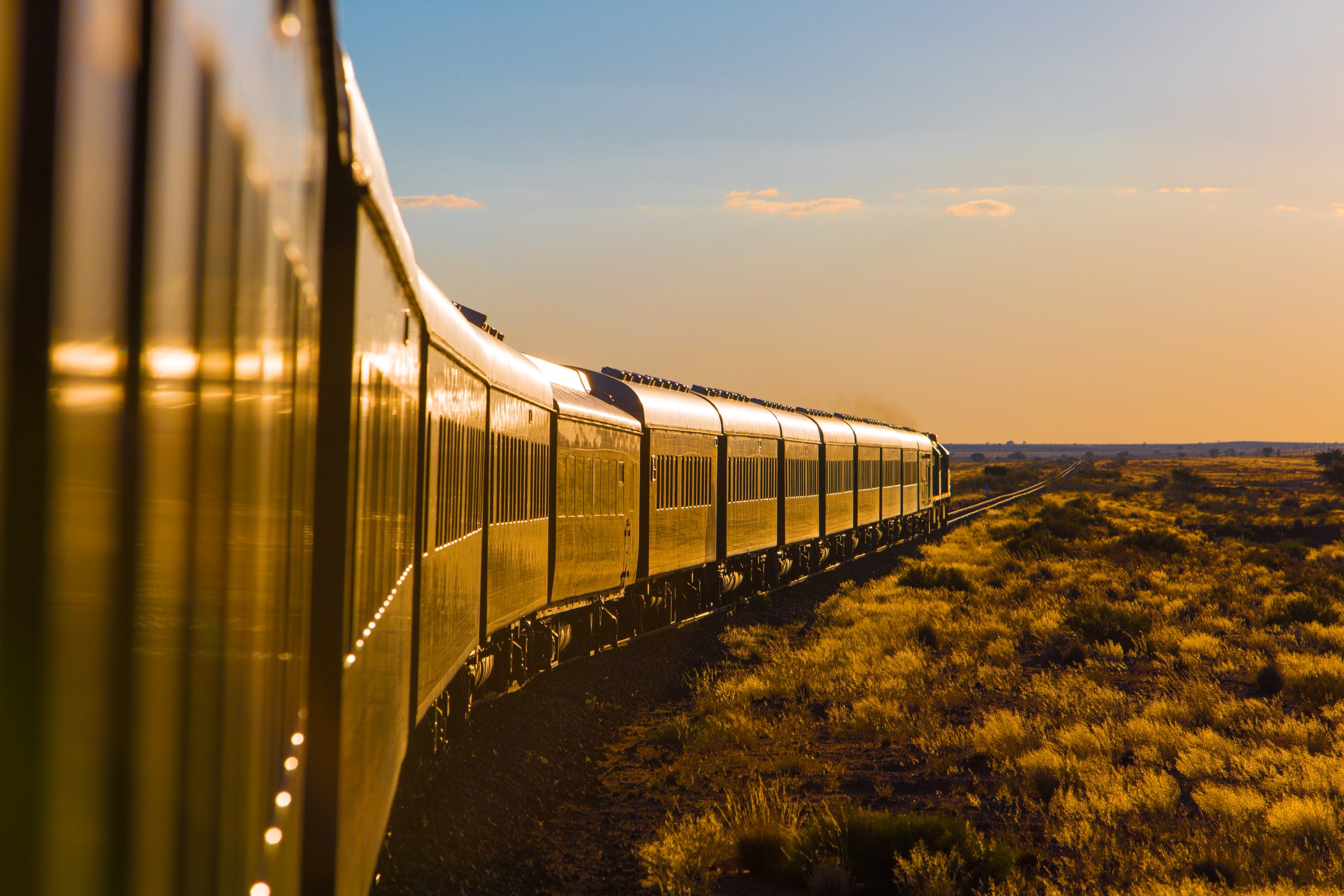 Rovos Rail traversant les paysages désertiques de Namibie — voitures vertes dans la savane