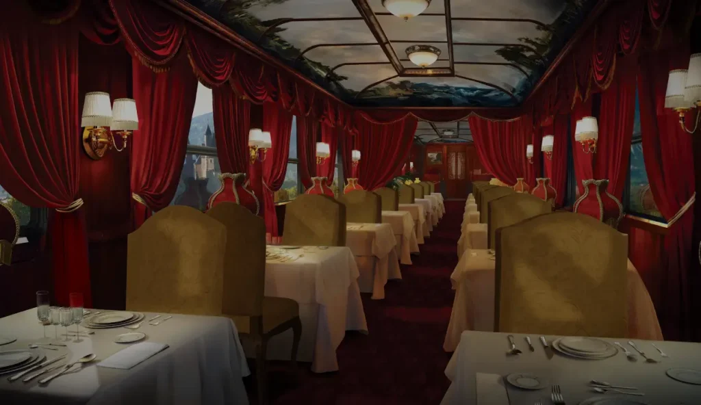 Voiture restaurant du Grand Tour France avec rideaux rouges velours, tables dressées et plafond peint