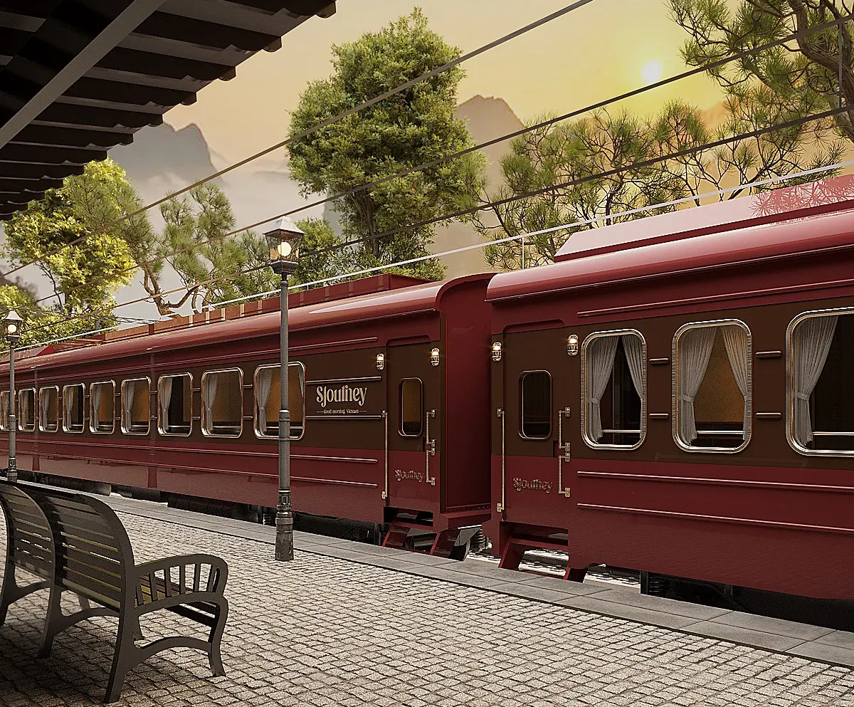 Train de luxe SJourney Vietnam extérieur rouge bordeaux en gare — voyage Hanoï Hô Chi Minh-Ville