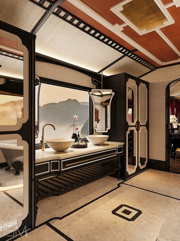 Suite Impériale SJourney — salle de bain avec double vasque et vue sur les montagnes du Vietnam