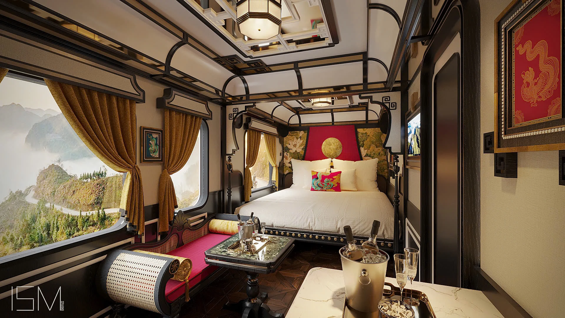 Suite SJourney Vietnam avec champagne et vue panoramique sur les montagnes — expérience de luxe