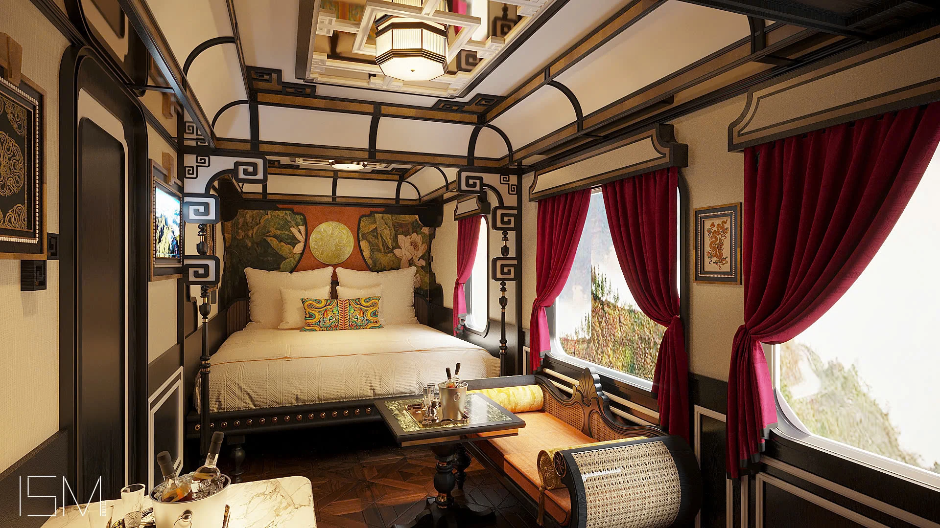 Suite de luxe SJourney Vietnam avec lit double et rideaux bordeaux — train de luxe Vietnam 2026
