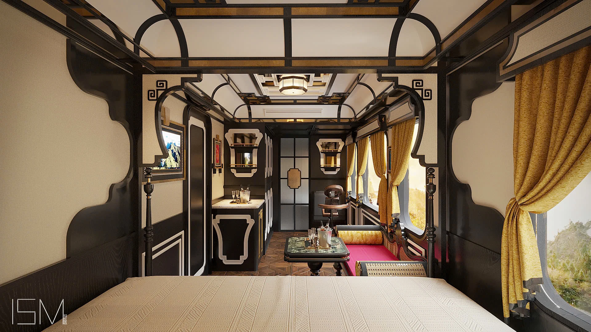 Suite privée train SJourney Vietnam — chambre avec grande fenêtre vue depuis le lit