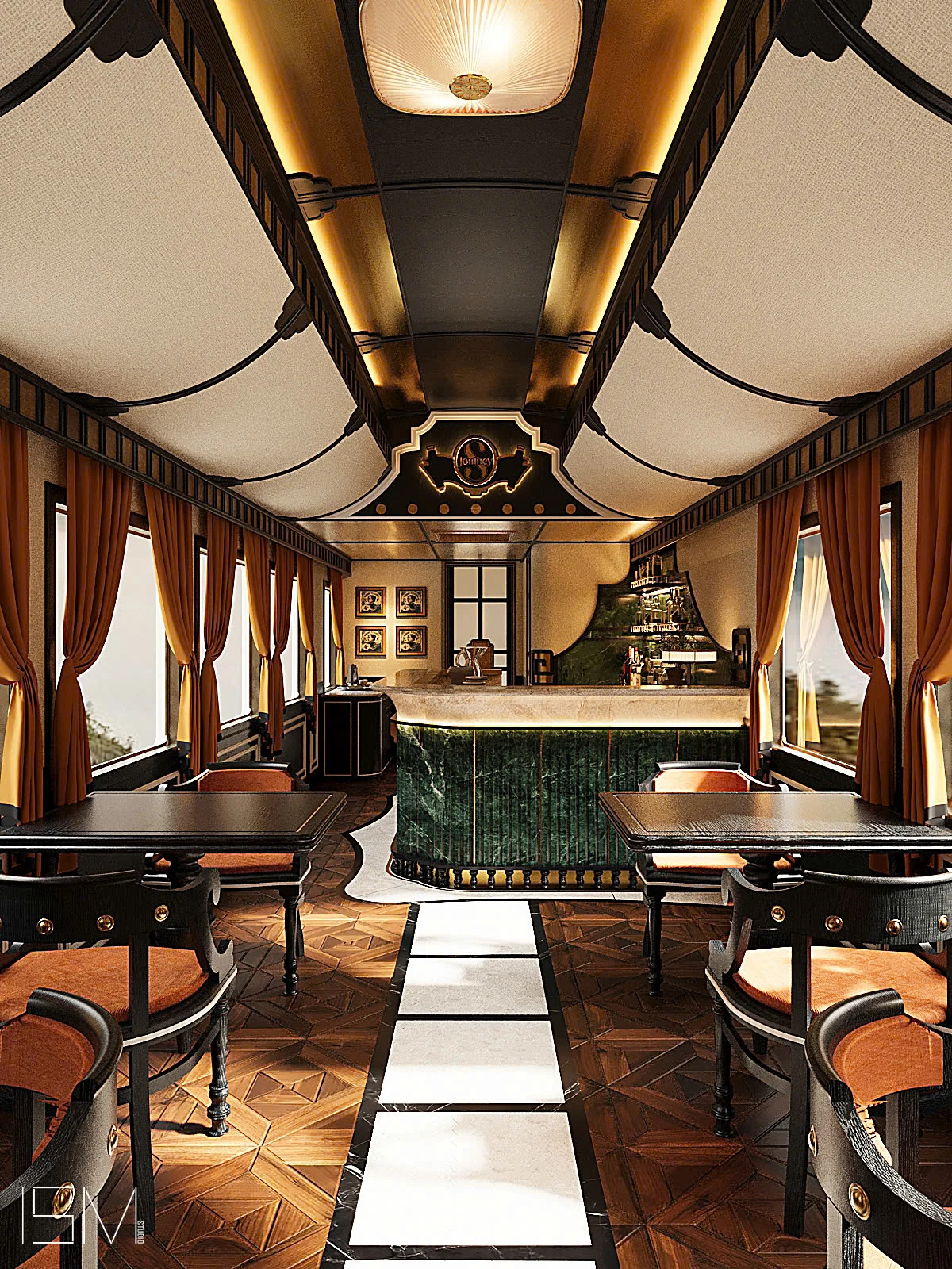 Voiture bar-restaurant de luxe du train SJourney Vietnam vue depuis l'entrée — décoration Indochine