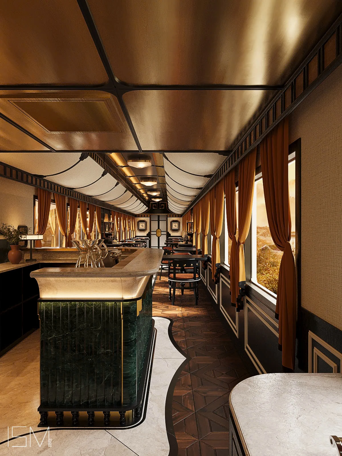 Wagon restaurant premium du SJourney Vietnam avec bar en marbre vert et décoration Indochine luxueuse