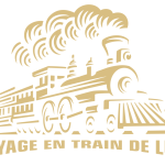 Logo train de luxe vintage avec fumée, illustration dorée style art déco pour voyage ferroviaire premium