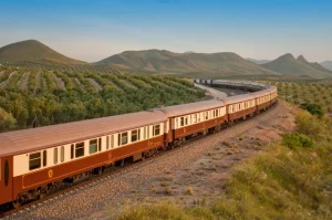 Train Al Andalus luxe traversant les oliveraies d'Andalousie avec montagnes en arrière-plan