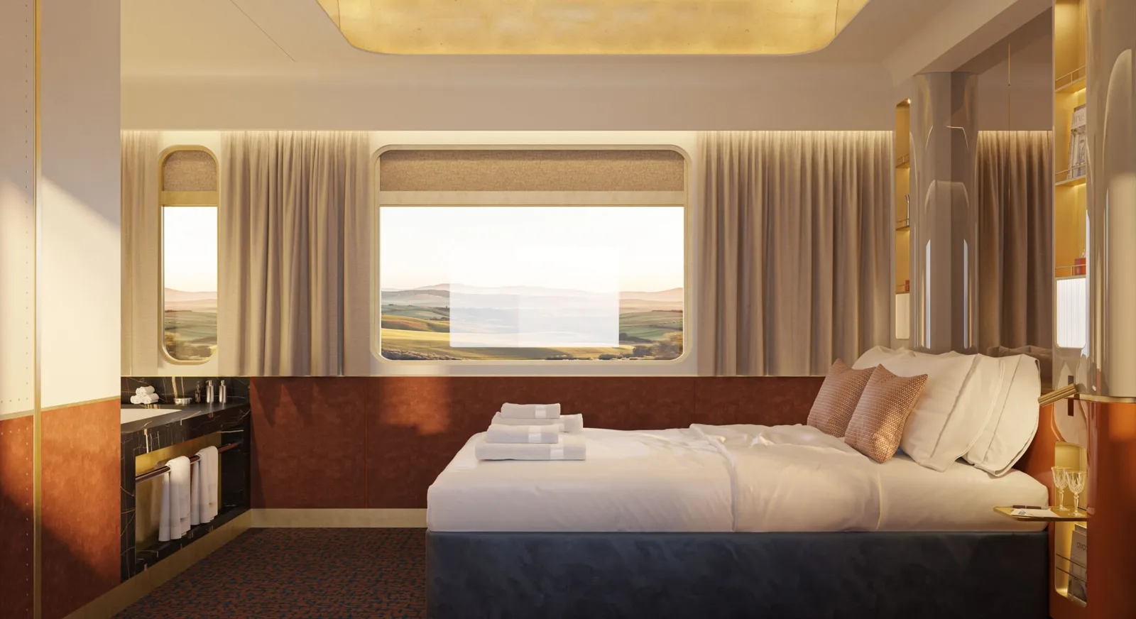 Cabine Deluxe de La Dolce Vita Orient Express – lit double et fenêtre panoramique