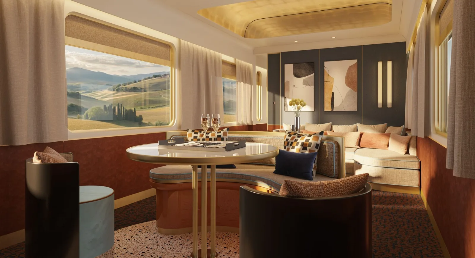 Salon panoramique de la Suite Dolce Vita Orient Express – collines italiennes