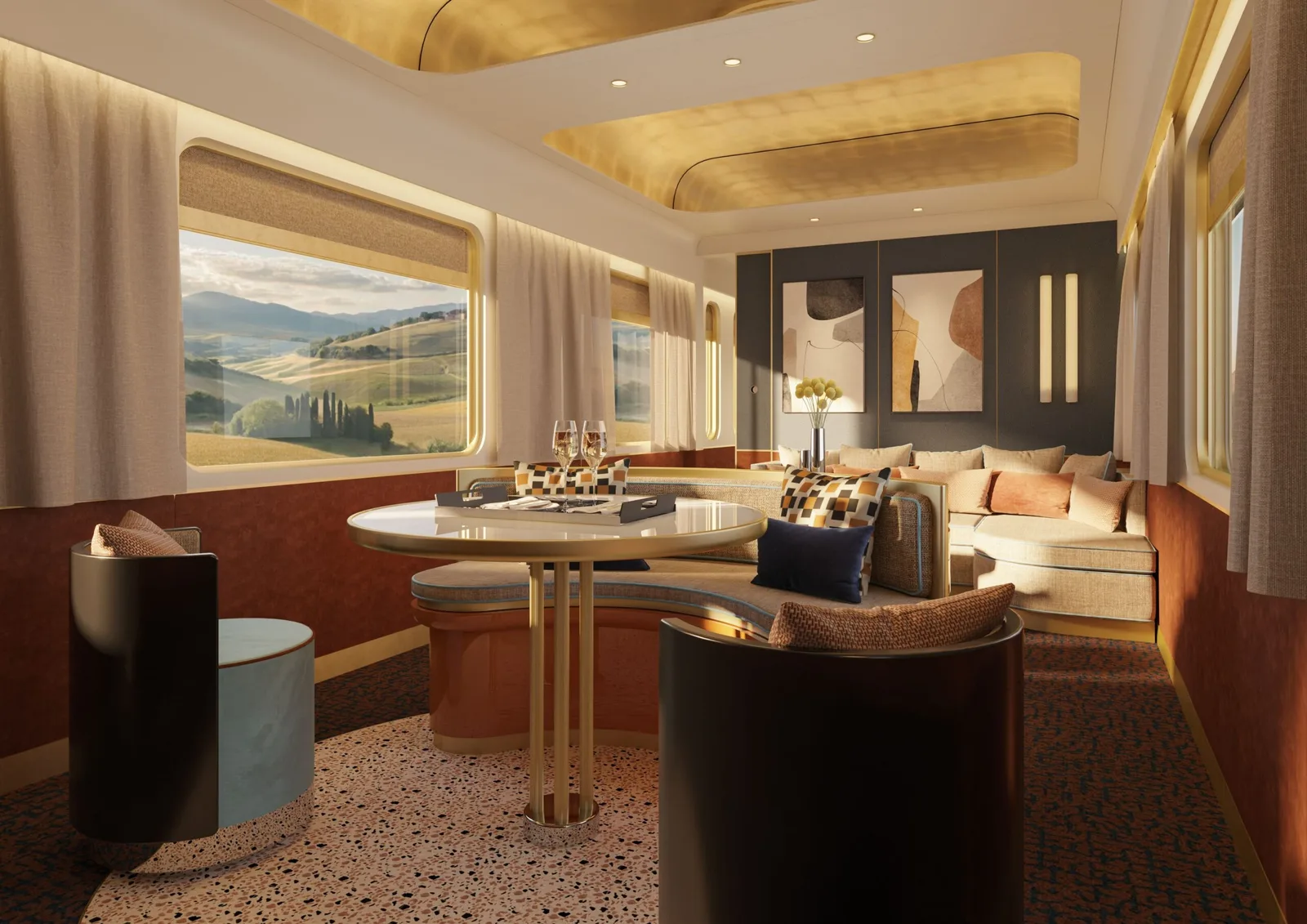 Suite de La Dolce Vita Orient Express – salon privé avec vue sur la Toscane