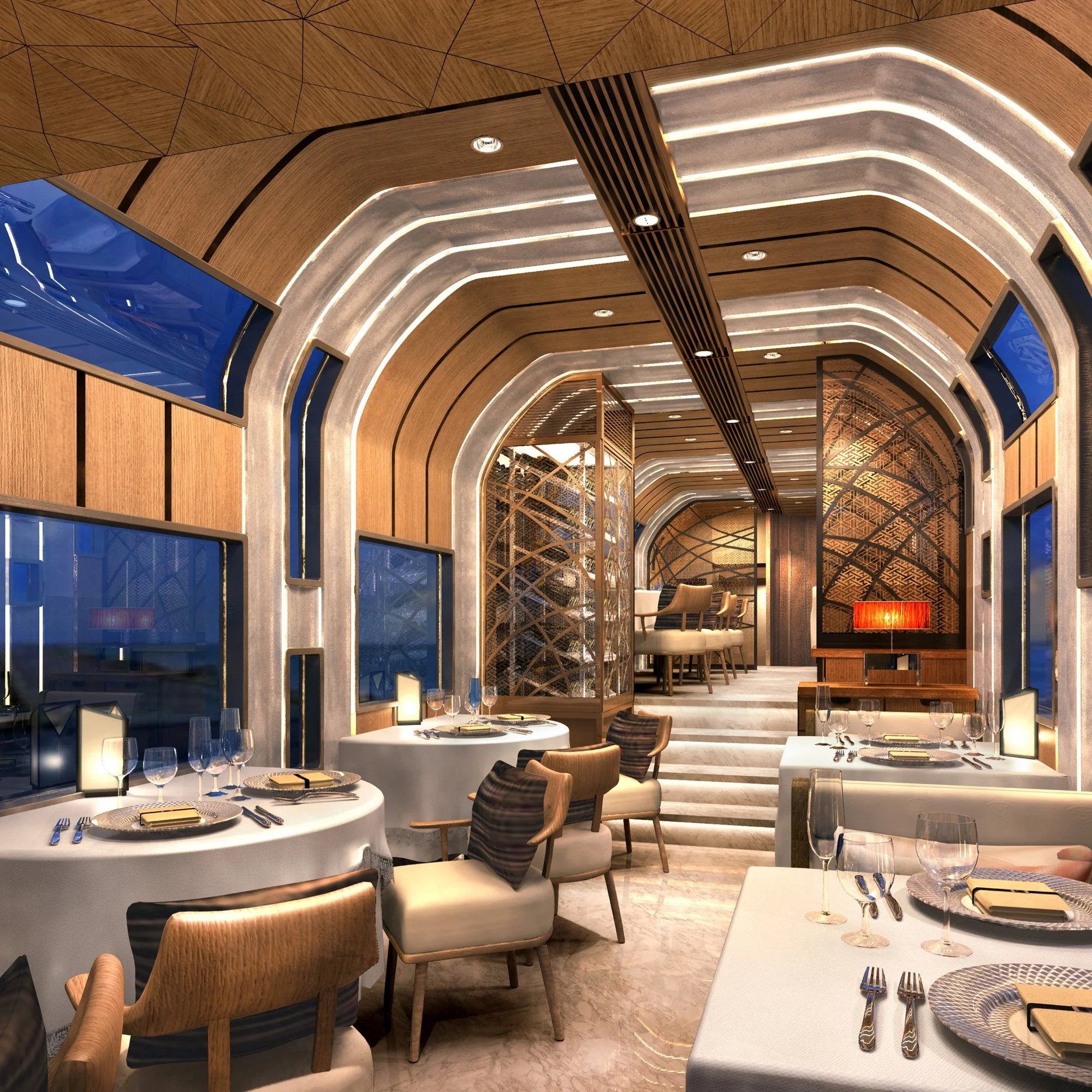 Rendu du restaurant gastronomique Shiki-Shima — tables en bois, lumières tamisées et décoration japonaise raffinée