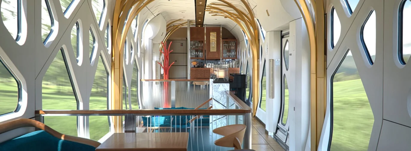 Lounge Komorebi du Train Suite Shiki-Shima — arbre doré central, bar en bois et ambiance feutrée japonaise