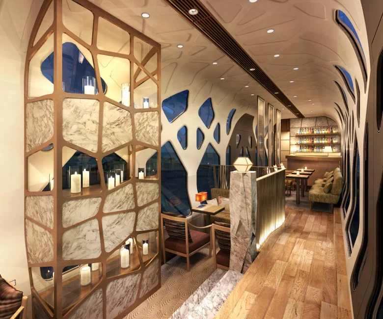 Comptoir en marbre du lounge Komorebi Shiki-Shima — bougies et ambiance bar de luxe dans le train japonais