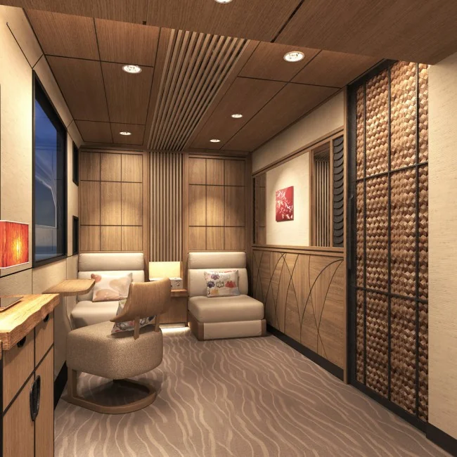 Rendu du salon d'une suite Shiki-Shima — boiseries japonaises traditionnelles et décoration contemporaine raffinée