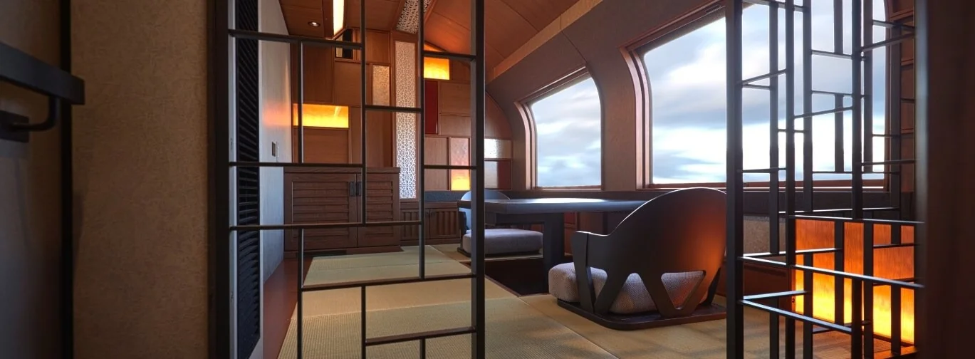 Suite Shiki-Shima avec tatami japonais et baie vitrée panoramique sur les paysages du nord du Japon
