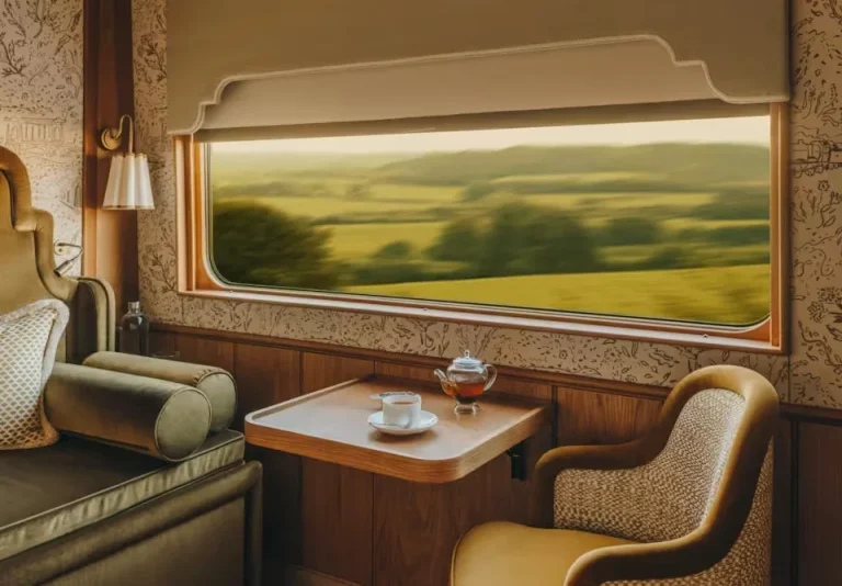 Cabine double Belmond Britannic Explorer avec coin salon, vue panoramique sur campagne anglaise verdoyante par fenêtre