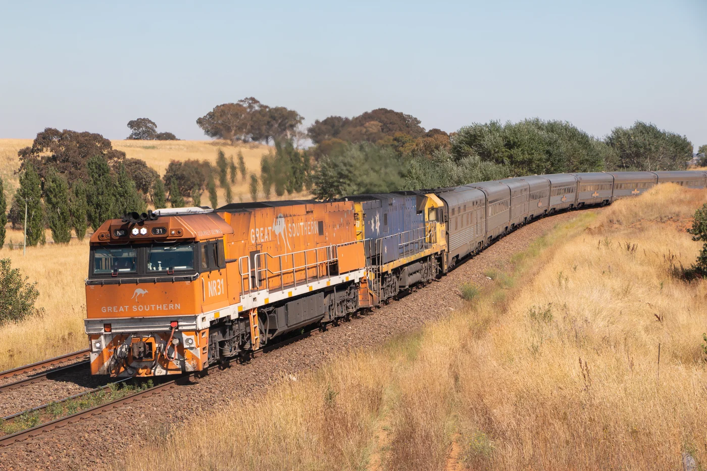 Locomotive orange Great Southern NR31 traversant la campagne australienne — train de luxe côte est