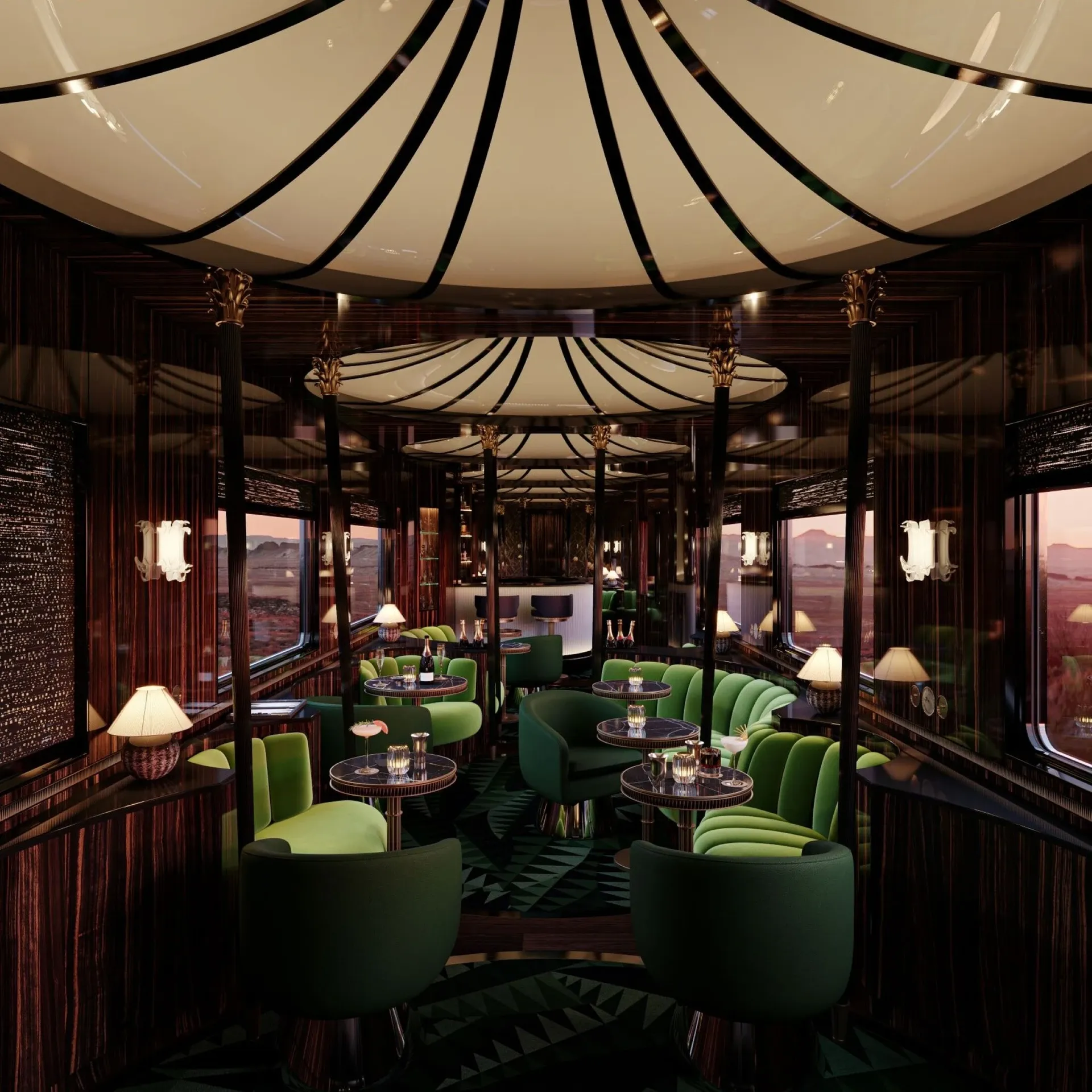 Vue d'ensemble du wagon-bar de l'Orient Express 2027 — frises sculptées, coupoles, colonnes