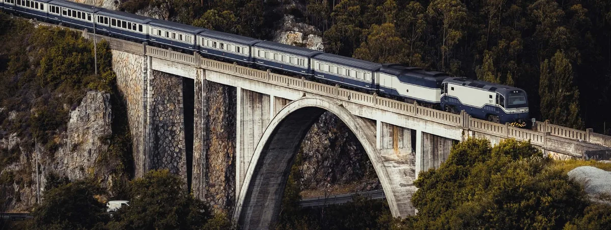 Locomotive historique du Transcantábrico Gran Lujo franchissant un viaduc en forêt, héritage du patrimoine ferroviaire de 1917