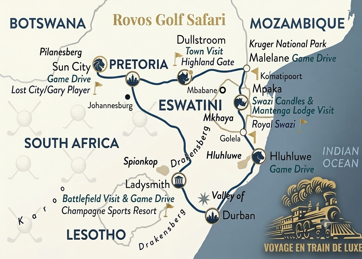 Carte du Golf Safari Rovos Rail &mdash; itin&eacute;raire 2100 km Pretoria, Pilanesberg, Drakensberg, Durban, Eswatini, Kruger, Dullstroom
