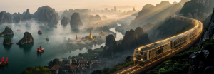 The Indochina Passage train de luxe traversant la baie d'Halong au Vietnam dans la brume matinale