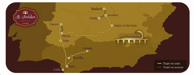 Carte détaillée de l'itinéraire du train Al Andalus, Séville à Madrid, avec tronçons train et autocar