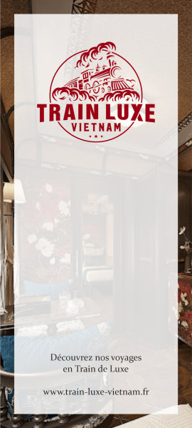 Logo Train Luxe Vietnam avec locomotive vintage et aperçu cabine élégante aux tons boisés et bleus